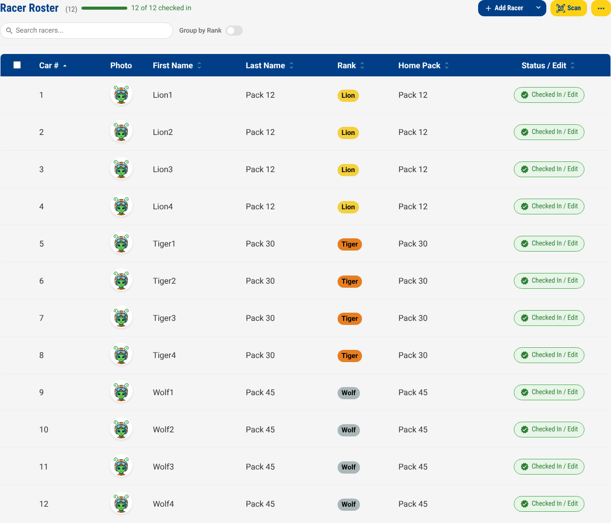 The roster, with car number, rank and Home Pack columns for a checked-in field