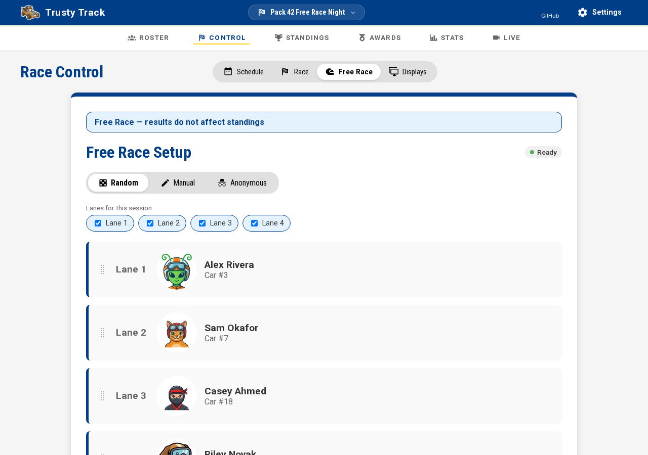 The Free Race tab in Race Control