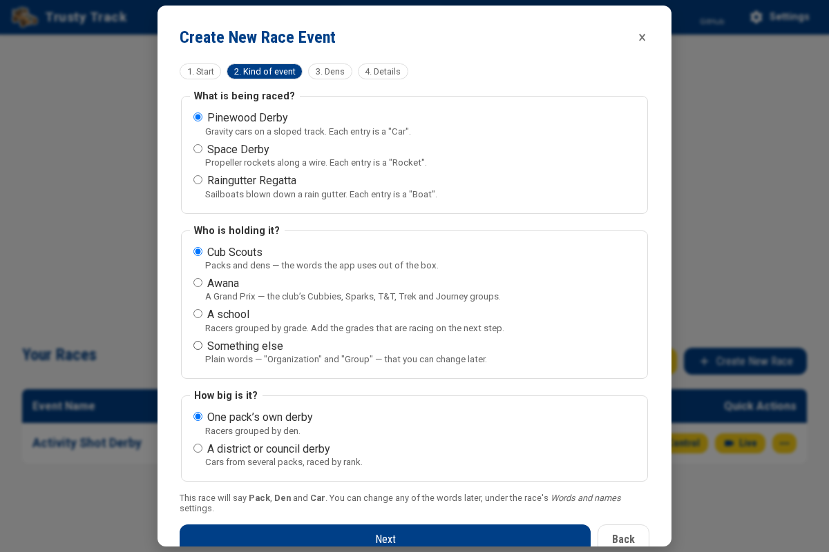 The Kind of event step, asking what is being raced and who is holding it