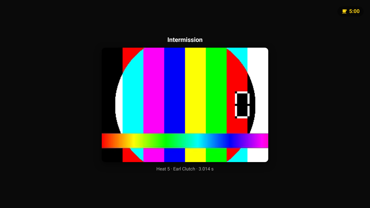 A break's overlay, playing a highlight clip with its caption and the countdown moved to a corner badge