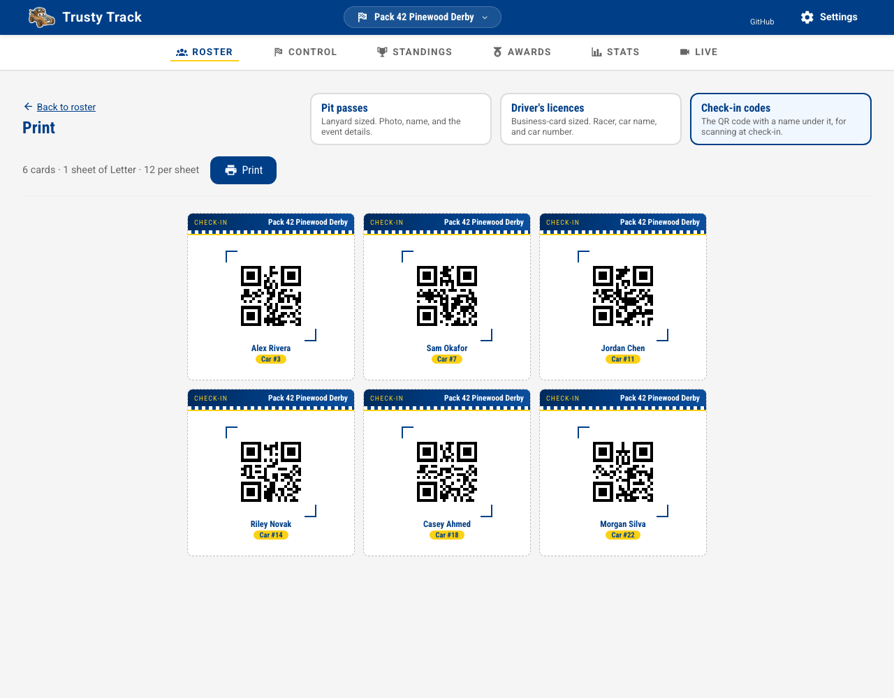 A sheet of check-in codes