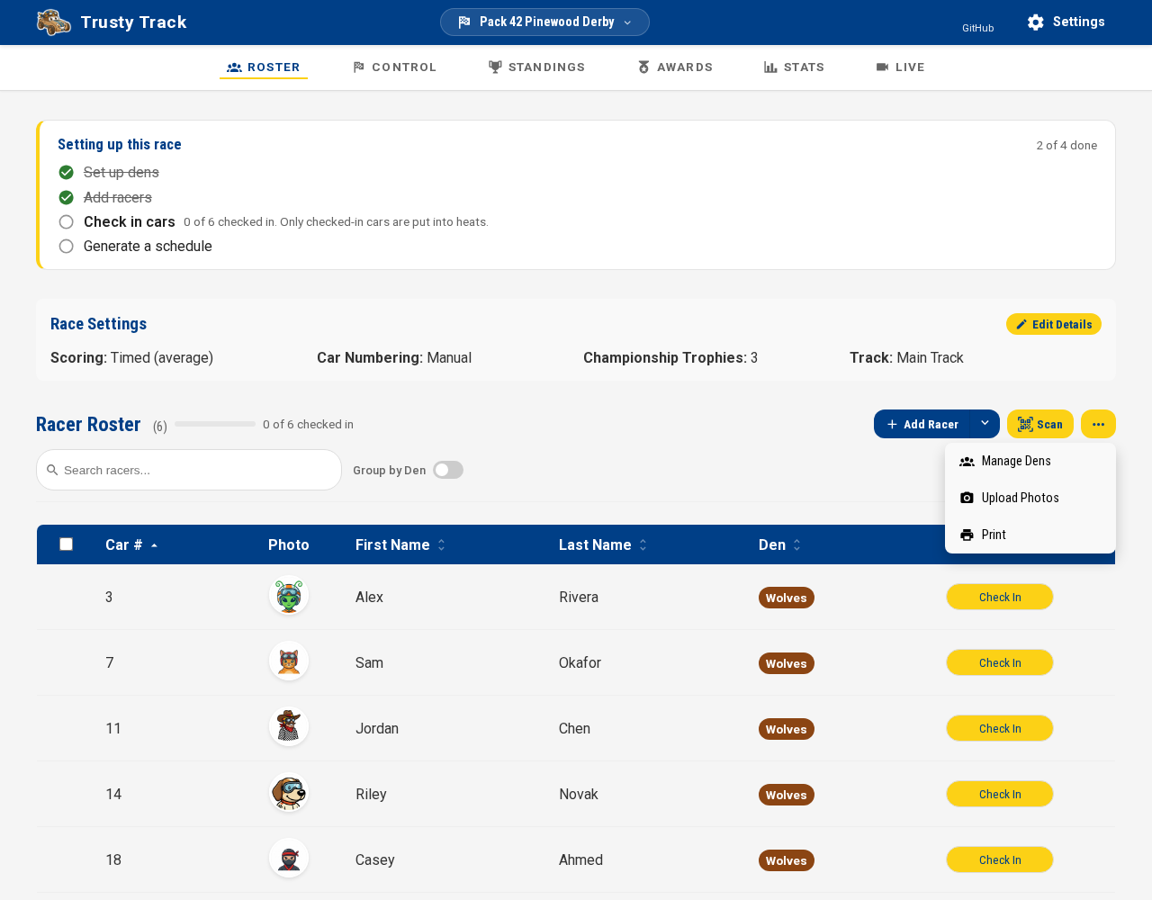 The Print button on the racer roster