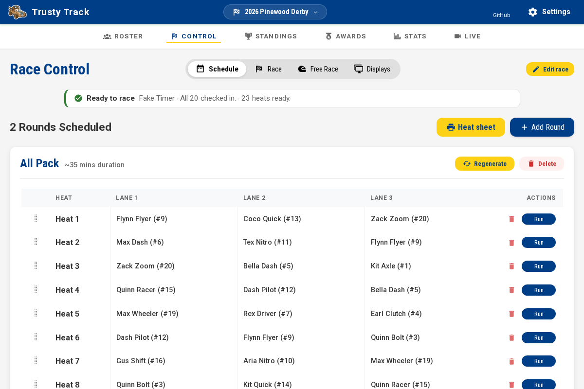The schedule screen listing generated heats, each with its lane assignments.