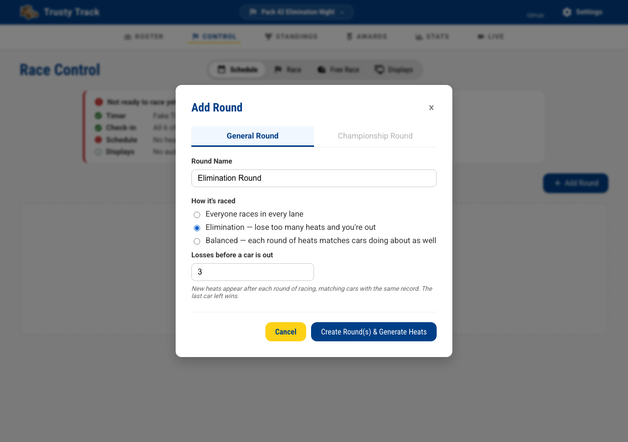 Add Round dialog set to elimination