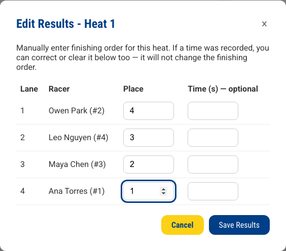 The manual entry modal on a Points race
