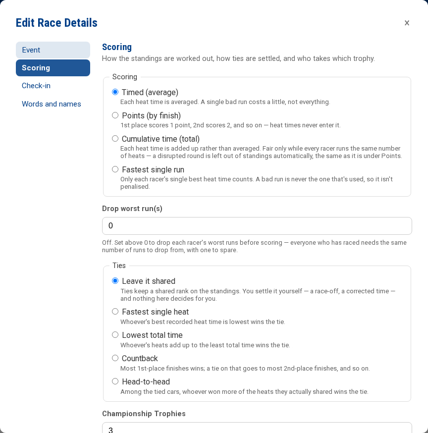 The Edit Race Details dialog, with the section list down the left and the Scoring section up