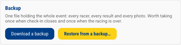 The backup panel: download a backup, or restore from one
