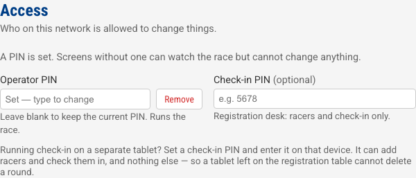 The Access panel with an operator PIN set