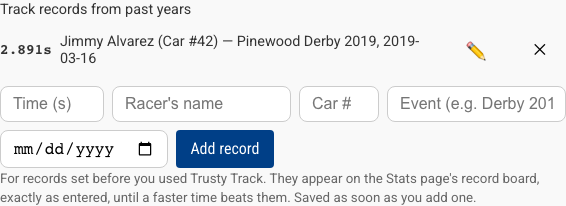 Entering a record from a past year on the track's card