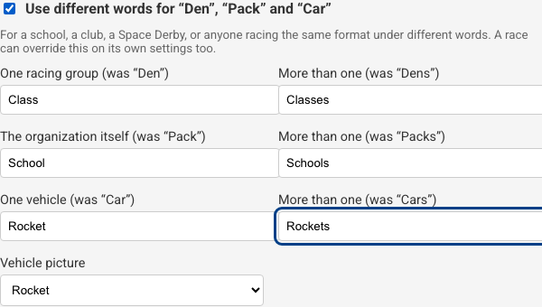 The terminology fields in System Settings, switched on and filled in with "Class"/"Classes", "School"/"Schools" and "Rocket"/"Rockets", with the vehicle picture set to Rocket