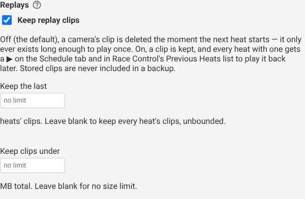 The Replays setting in System Settings, with the two retention limits