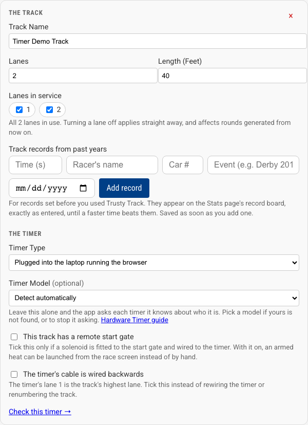 A track's timer settings: the connection under Timer Type, the model picker beneath it, and the remote start gate and reverse lanes settings below that