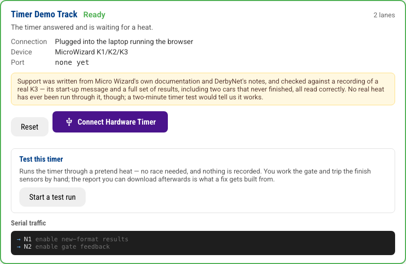 The timer check page with a healthy timer: Ready in green, the identified device, its provenance note, the test panel, and the serial traffic beneath
