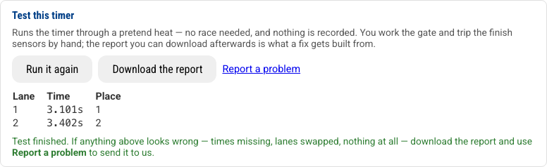 A finished test: a time and place for each lane, with Download the report and Report a problem alongside